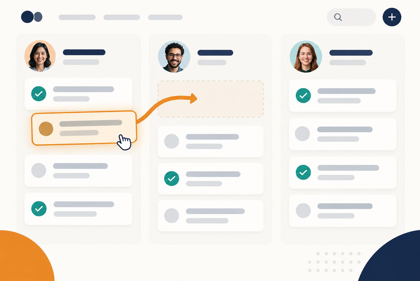 NextWho Workflow Map: owner lanes with a handoff card moving to the next owner