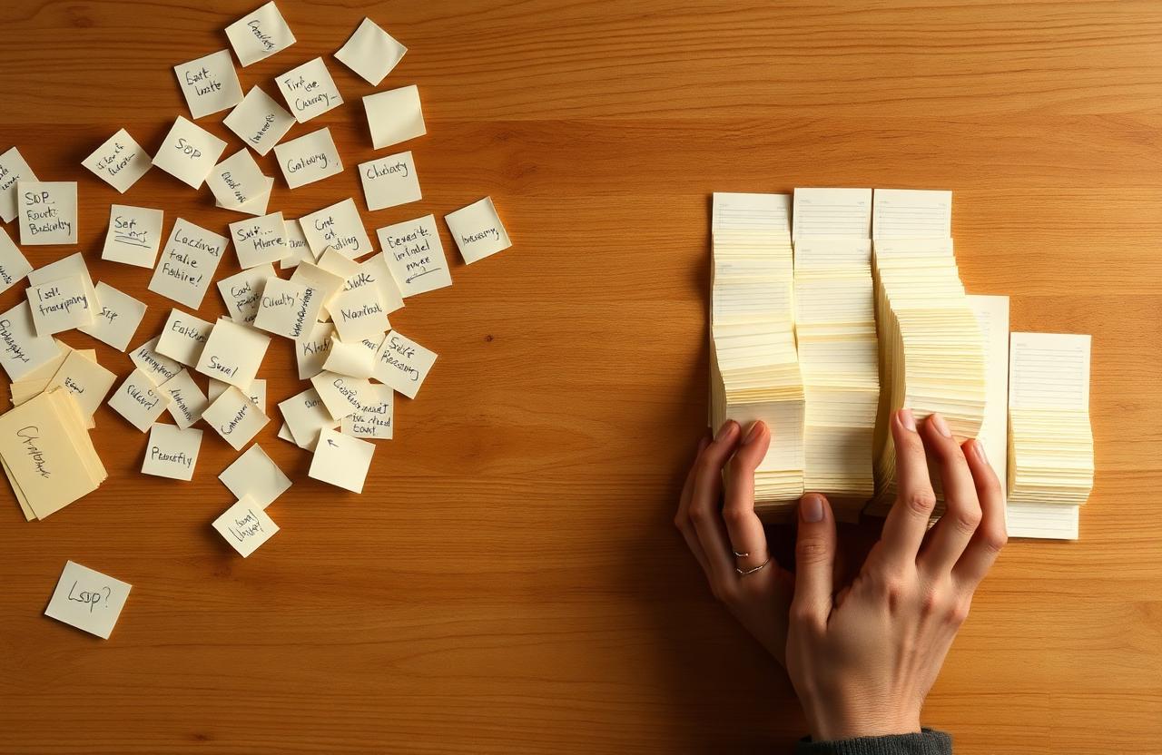Scattered handwritten SOP notes being reorganized into an ordered stack